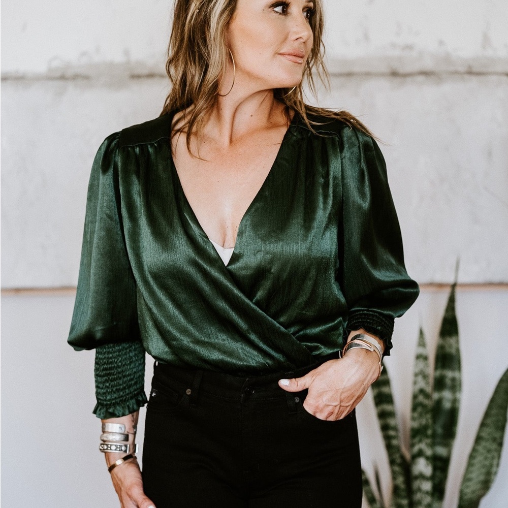 Emerald Green Satin body suit SZ large smocked long sleeve